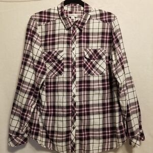 Croft Barrow L Shirt Purple Plaid Light Weight Flannel Button Front Grunge 90s